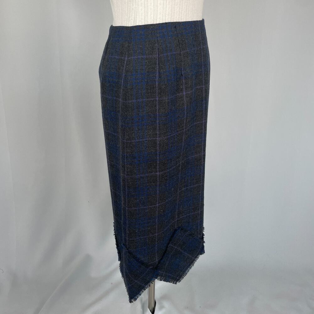 Vintage Midi Skirt Size 8 Grey Blue Plaid Tartan Wool Asymmetrical Academia 90s - Picture 5 of 14